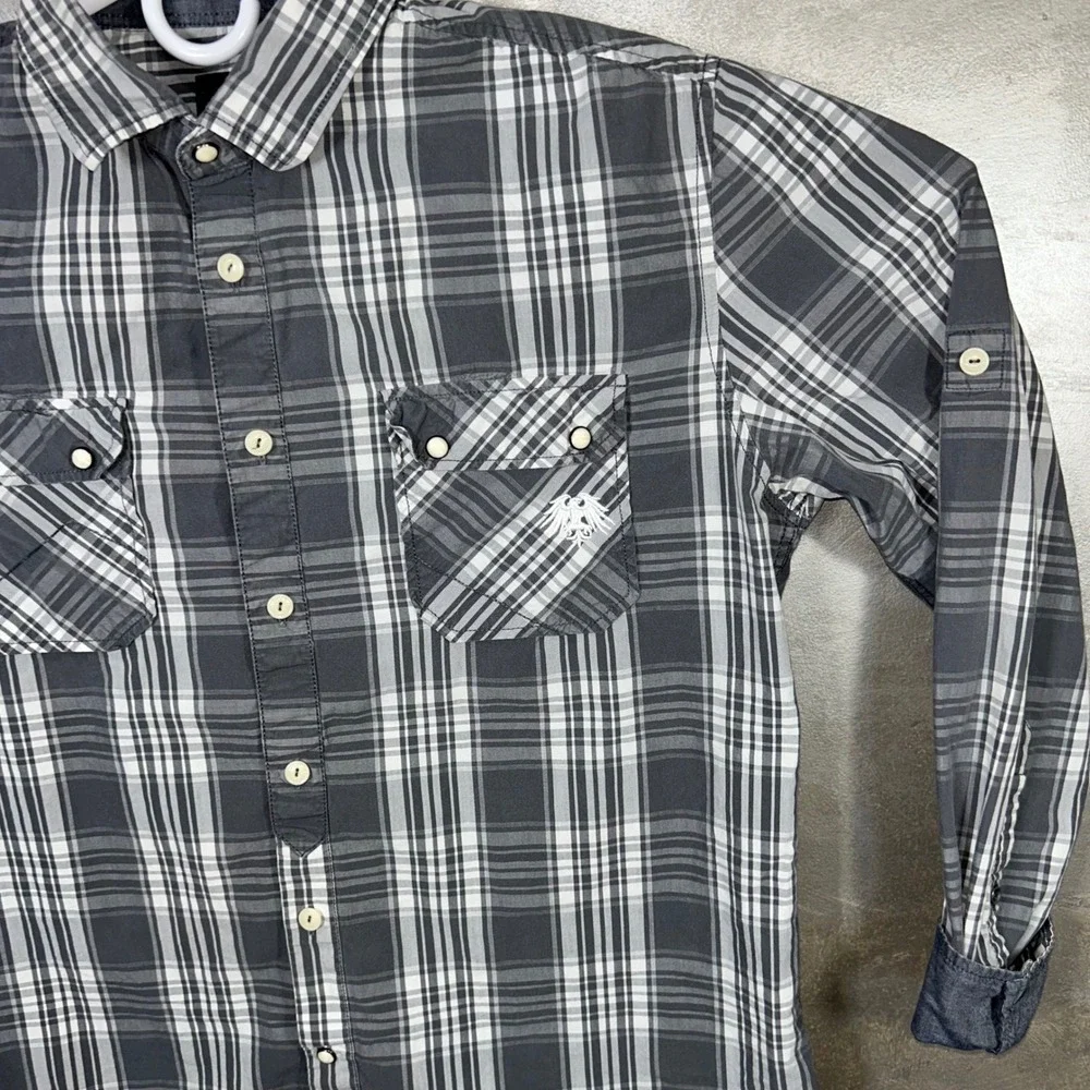 Soviet Men's XL‎ Plaid Button Up Shirt Long Sleeve Gray Western Pockets Pearl